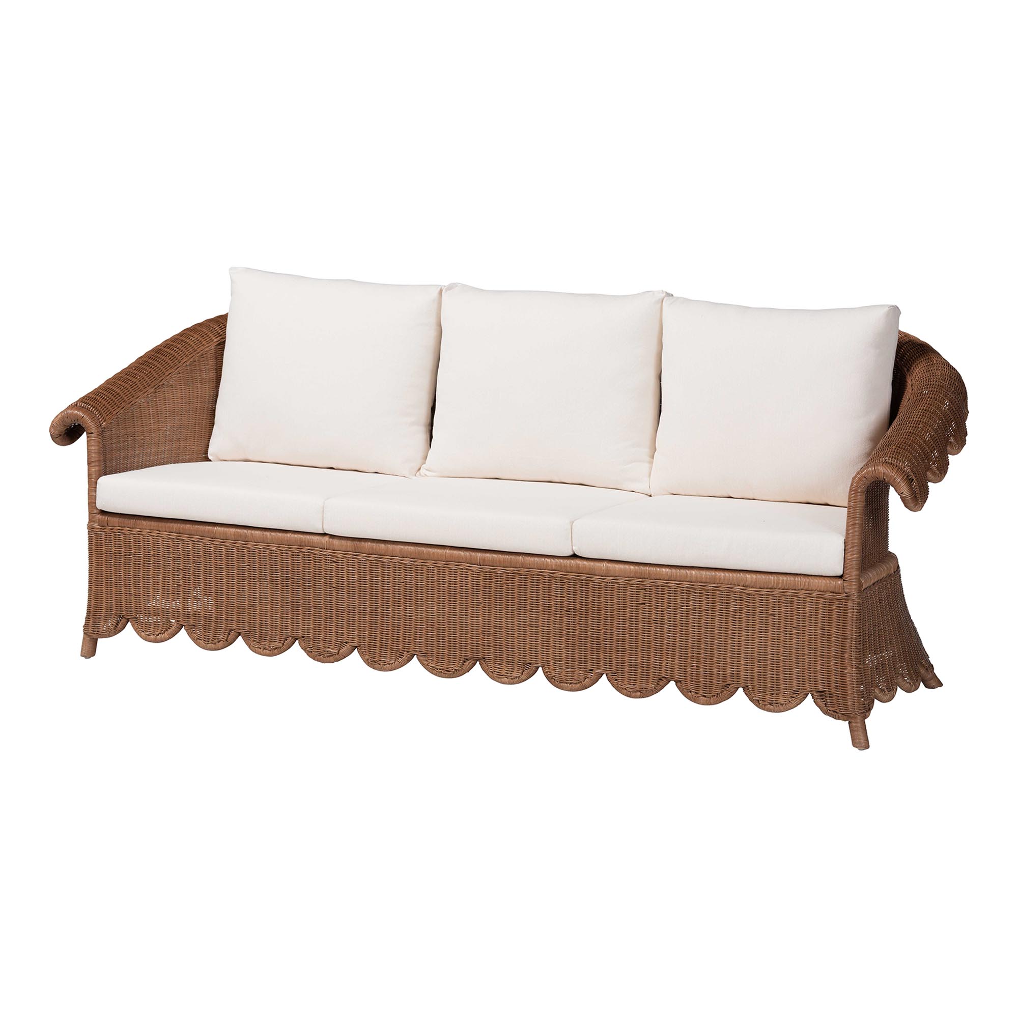 bali & pari Detta Natural Rattan Sofa with Cushion - Handwoven Wicker Settee with Rolled Arms and Scalloped Skirt Base, Boho Coastal Style for Sunroom or Lounge Affordable modern furniture in Chicago, classic living room furniture, modern sofa, cheap sofa